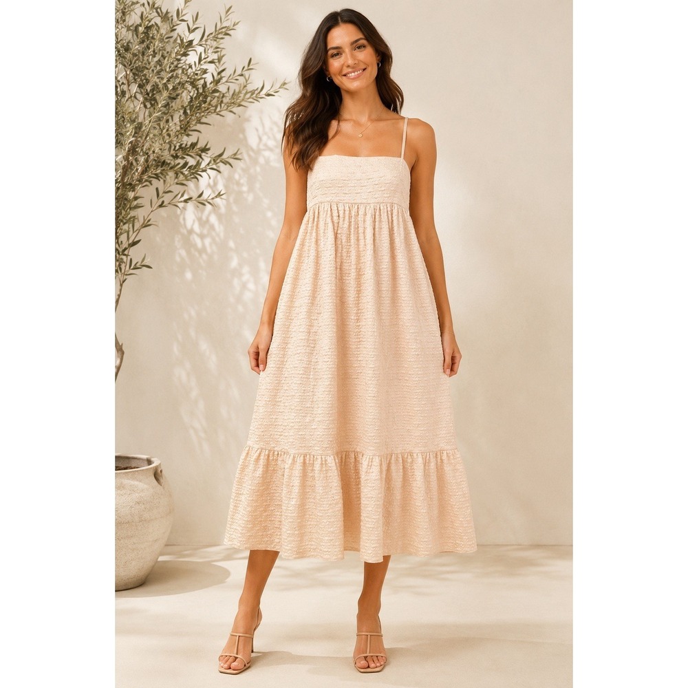 Kika Vargas x Target Midi Dress Womens  LARGE Textured Empire Waist Cream